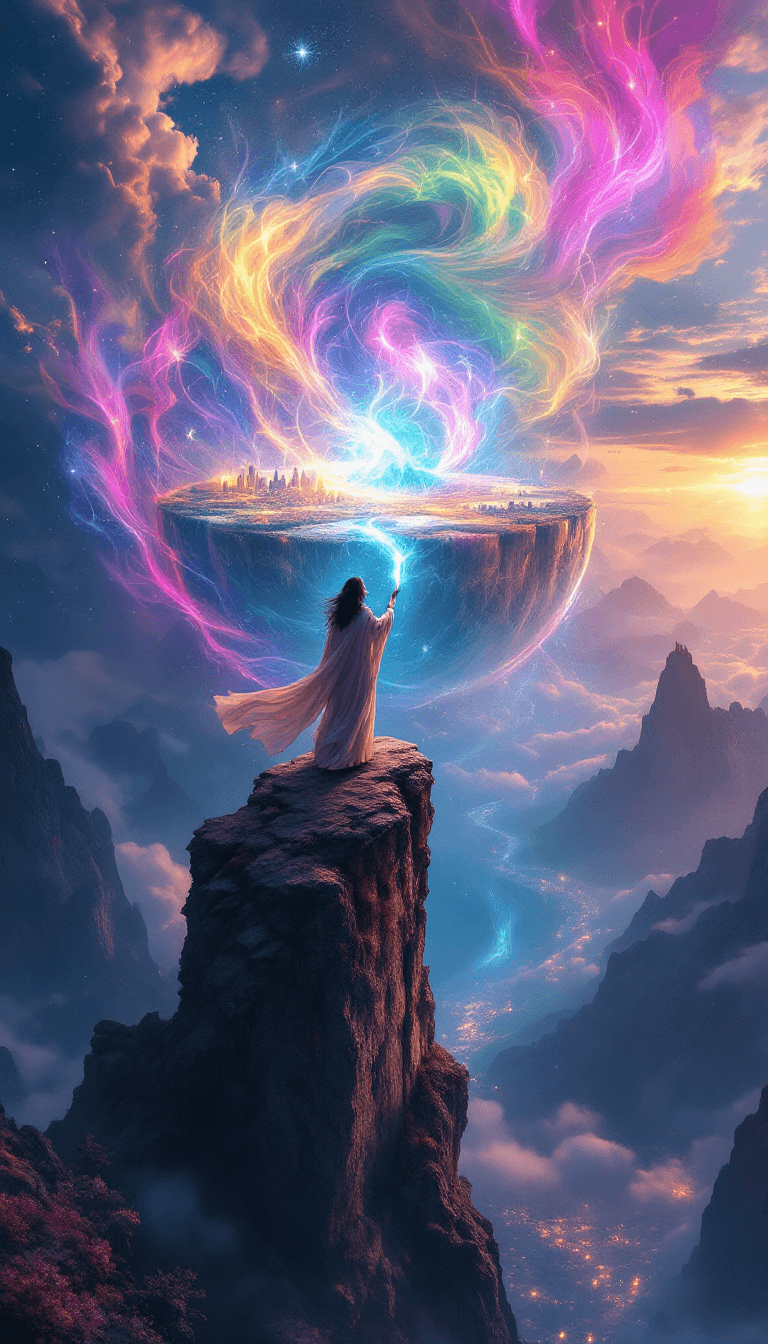 AI generated: An enigmatic painter standing atop a towering cliff, overlooking a vast and breathtaking world below...