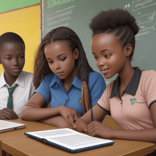 AI generated: High resolution, image of e-learning application in Africa, young secondary school students happy to...