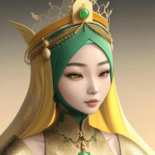 AI generated: a close up of a Chinese woman with long Jade hijab wearing a gold crown, she has Jade hijab with int...