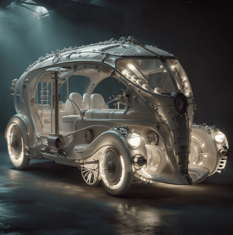 AI generated: Wide shot of a minimal biomechanical steampunk translucent opaque vehicle reminiscent of 40s 1940 ca...