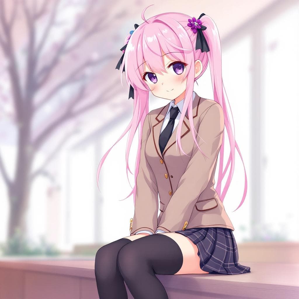 AI generated: hundred_-_sakura_kirishima, pink_hair, long_hair, twintails, hair_ornament, hair_flower, purple_eyes...
