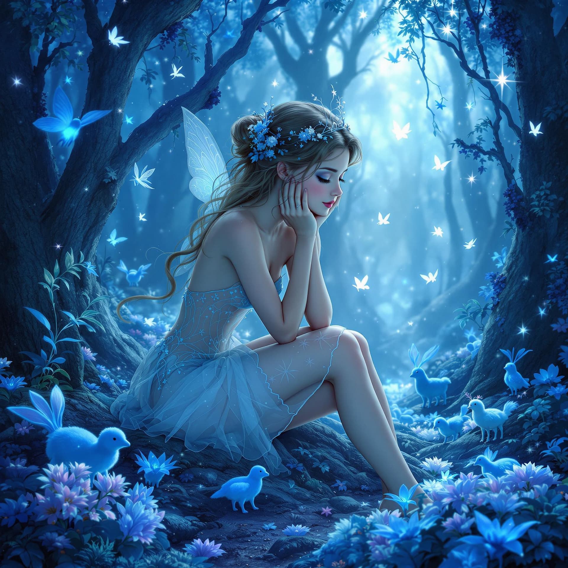 AI generated: A delicate blue fairy in a magical blue forest, with blue animals
