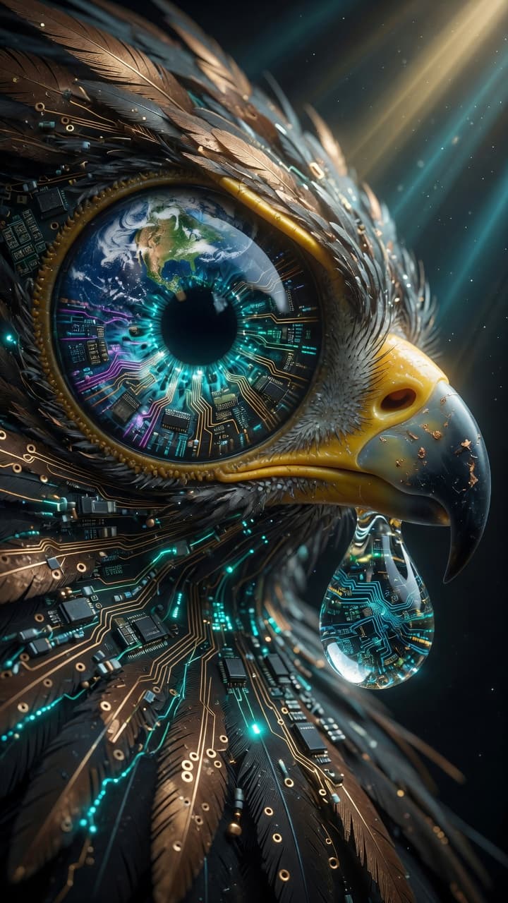 AI generated: Cinematic macro photography, extreme eagle-eye close-up of a majestic eagle's eye and beak, hyper-de...