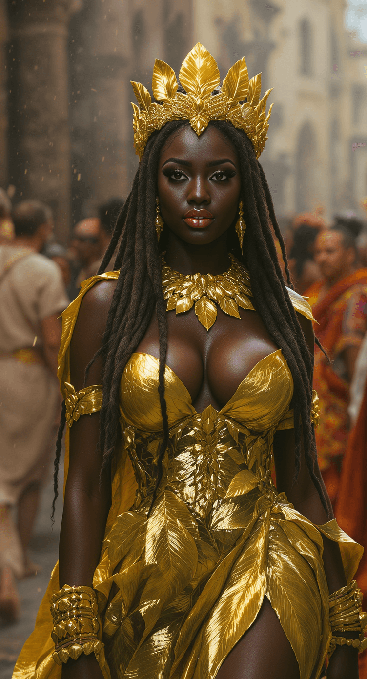 AI generated: Bustling Ancient Roman city. A bride with long flowing dreadlock hair. She is wearing a gold dress m...