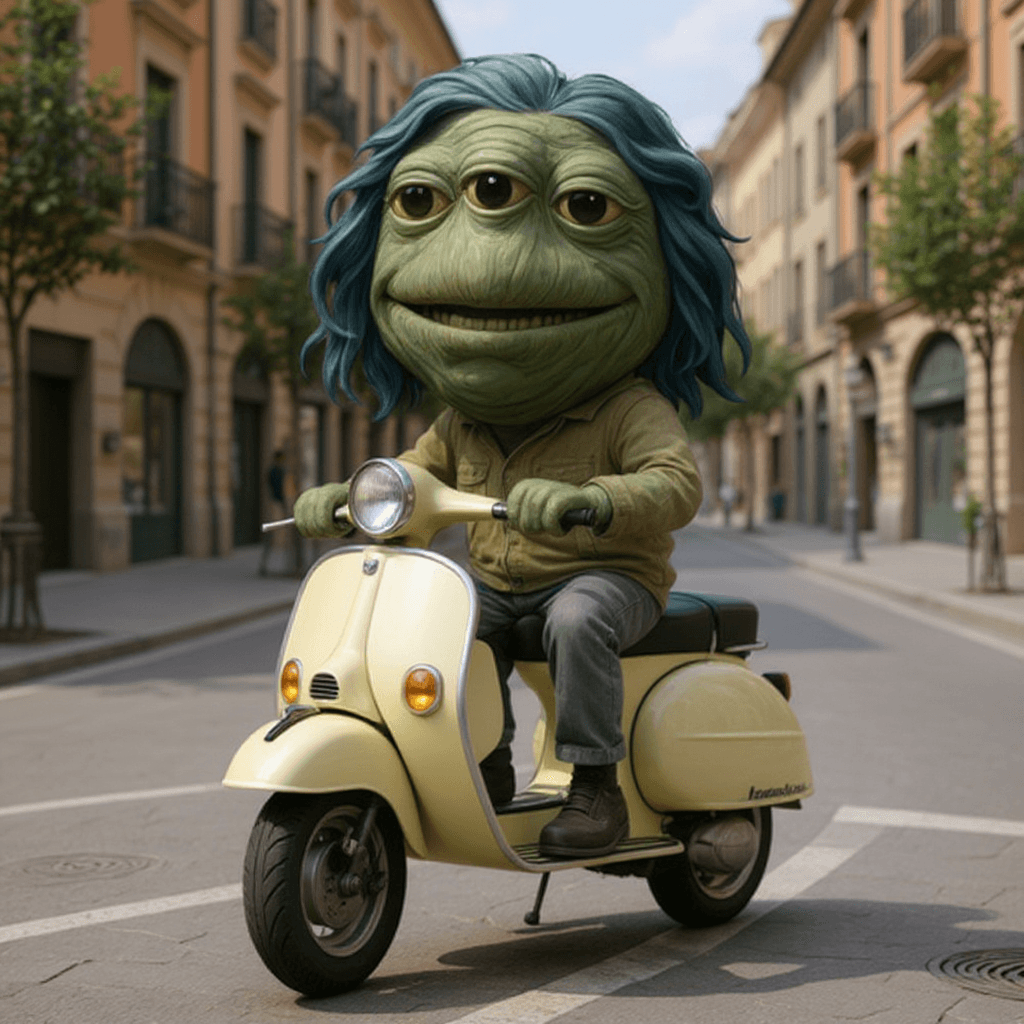 AI generated: can you make this character on a vespa through barcelona?