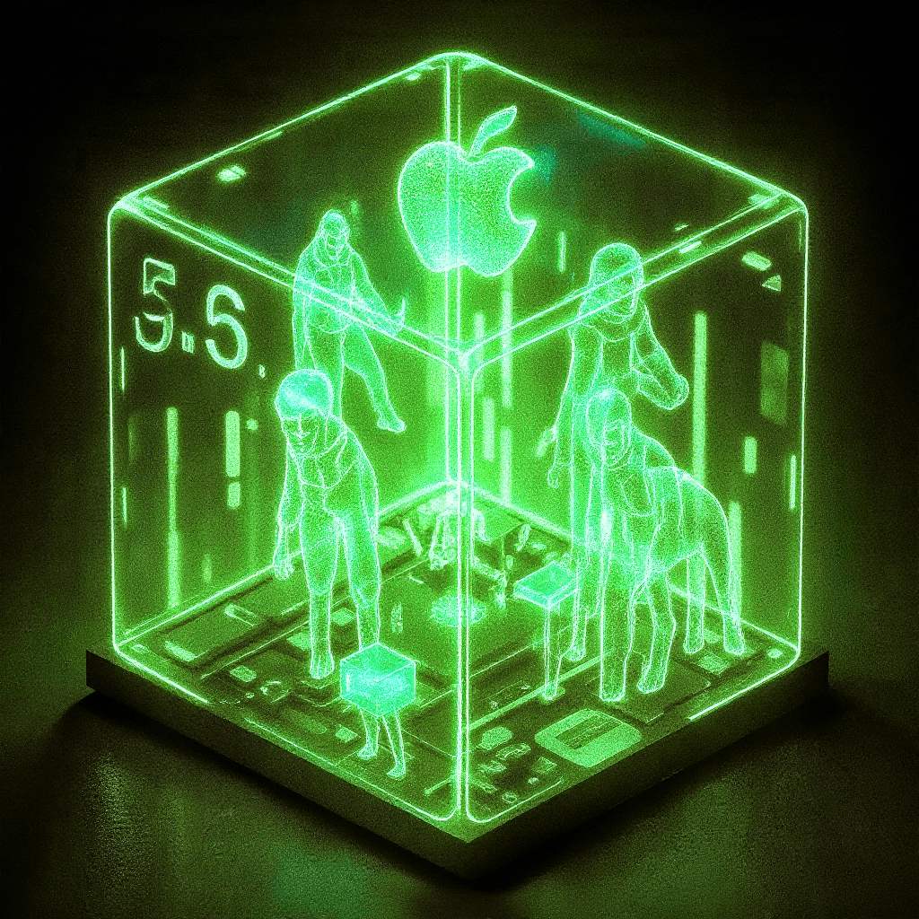 AI generated: Isometric view of a computer motherboard in shape of matrix style numbers and geometric shapes creat...