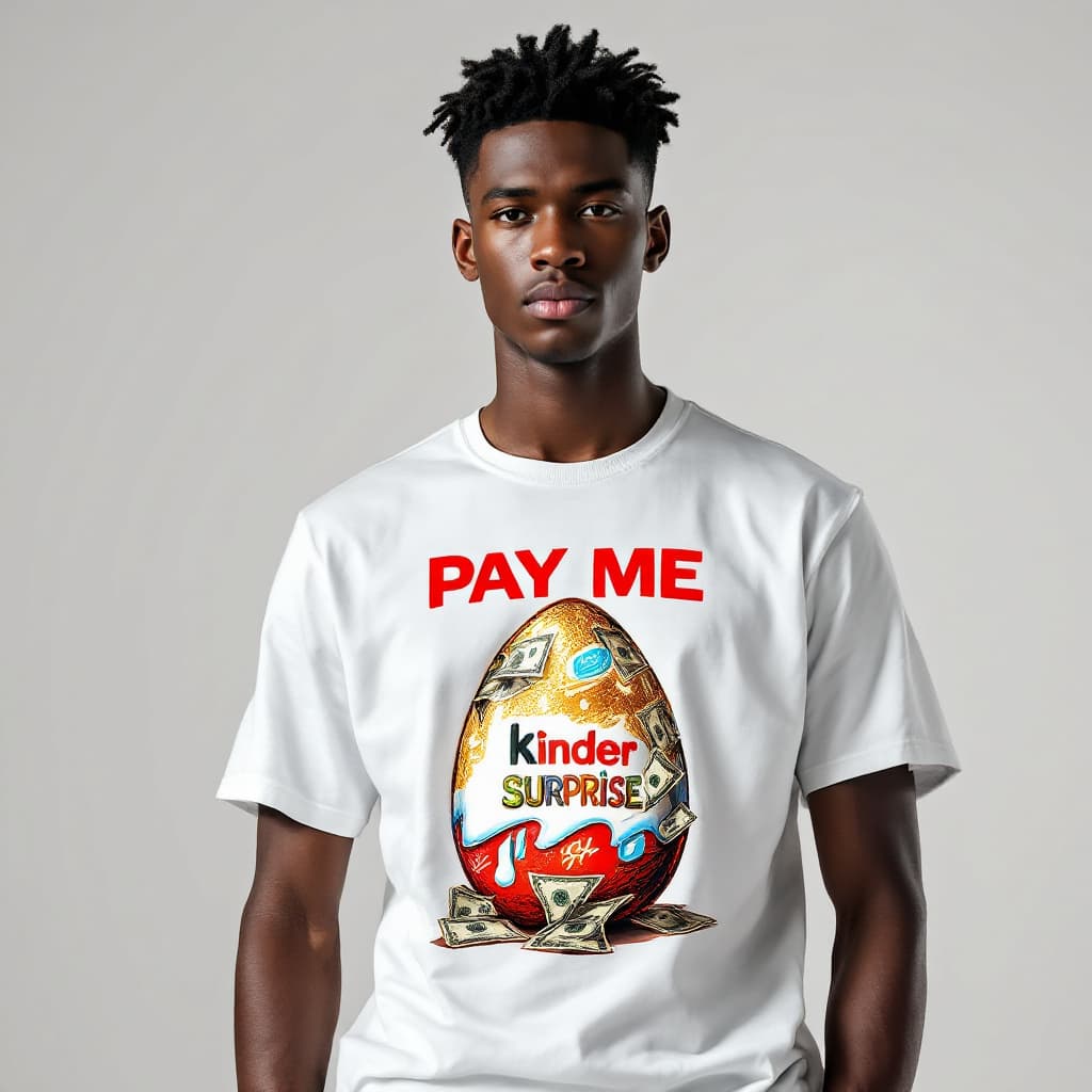 AI generated: Photorealistic photoshoot for fashion catalog of clothing brand [PAY ME]. Model in modern stylish wh...