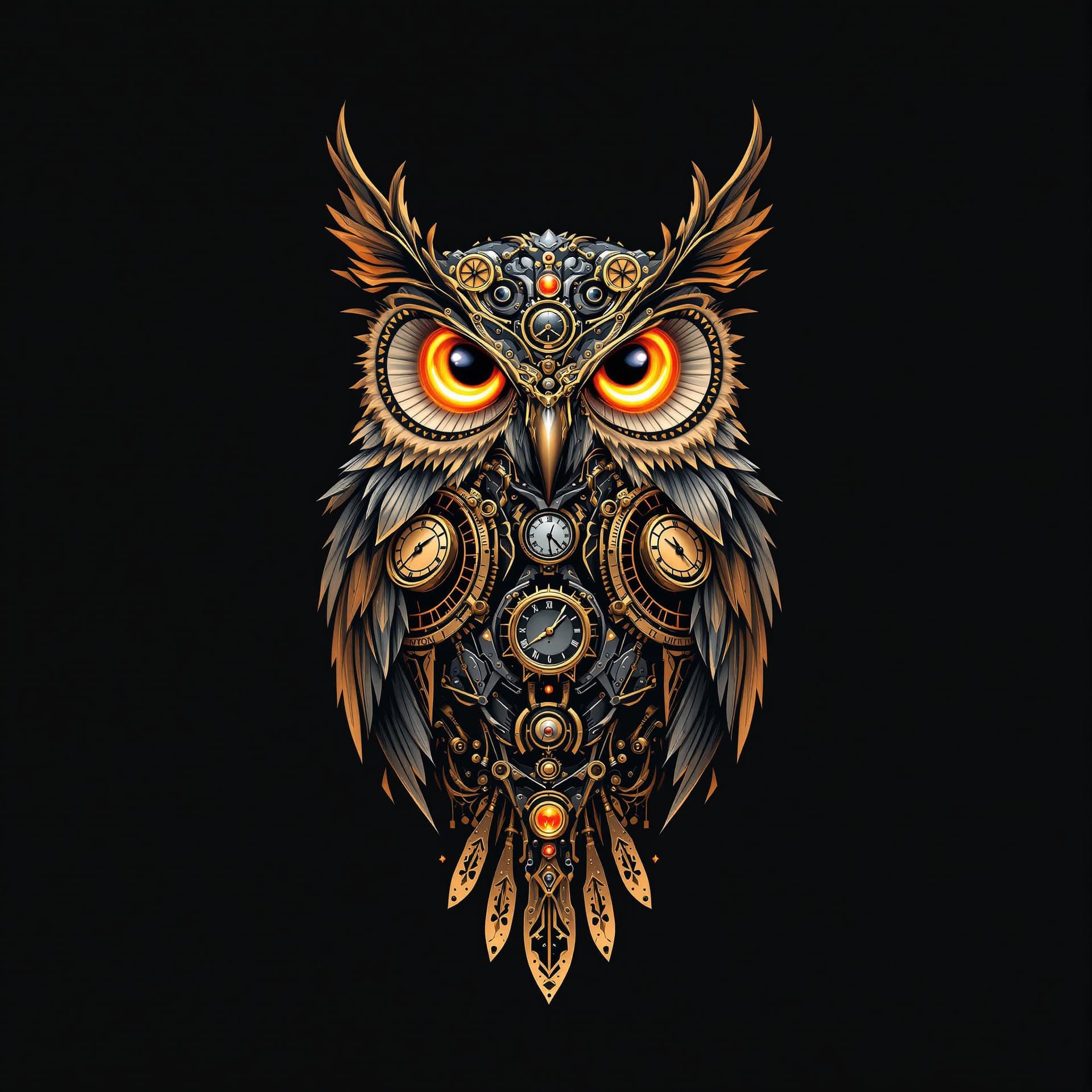 AI generated: "Elevate your style and space with this stunning steampunk owl design. This artwork masterfully blen...