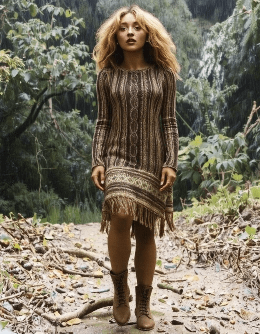 AI generated: 1girl standing native american (tribal cloth) camera view looking face camera upward floor view rain...