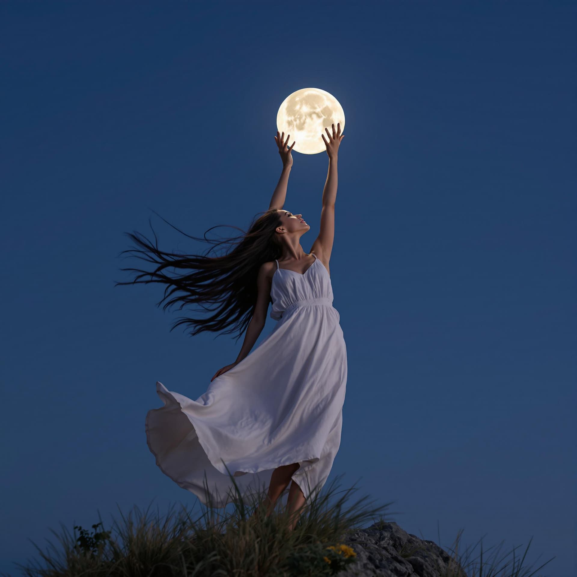 AI generated: low angle photograph of a woman, standing on top of a small mountain, hands in the air holding up th...