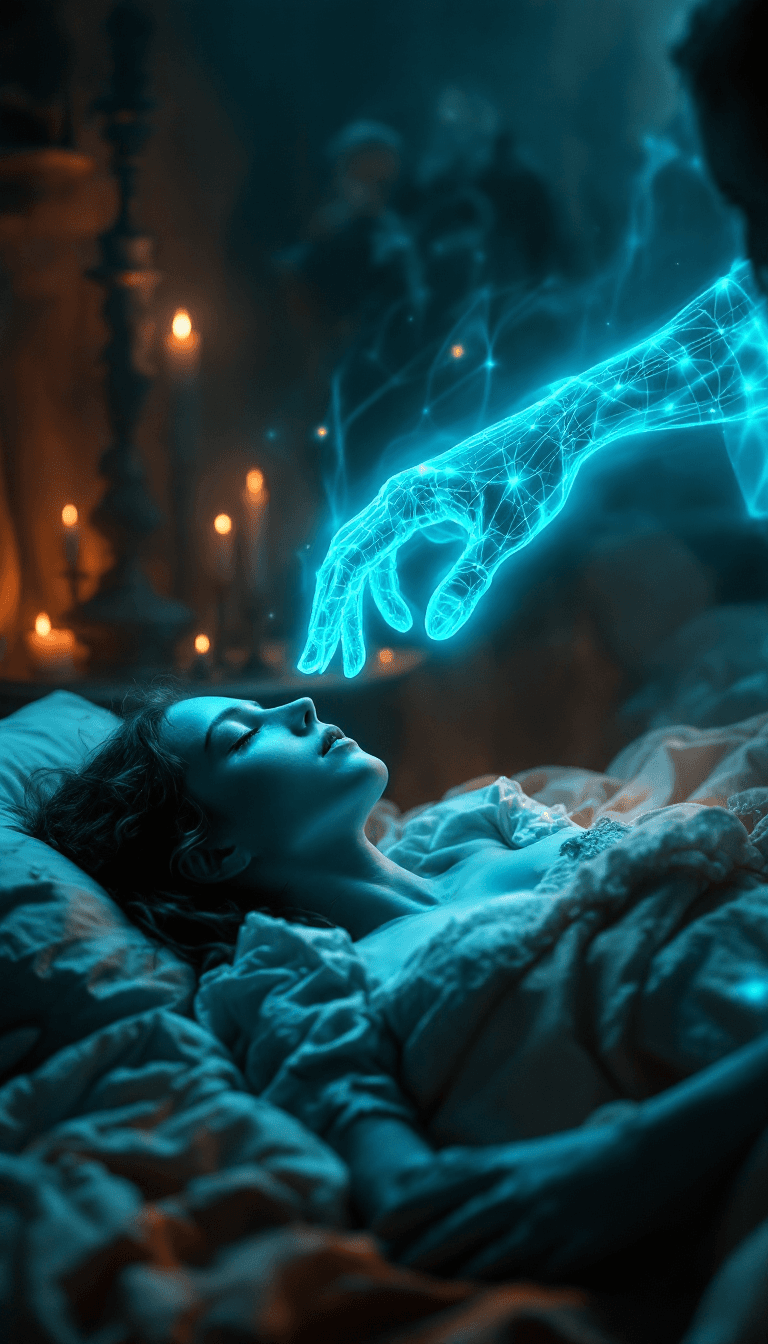 AI generated: A high resolution UHD macroview of a holographic ghost hand touching the sleeping princess,dystopian...
