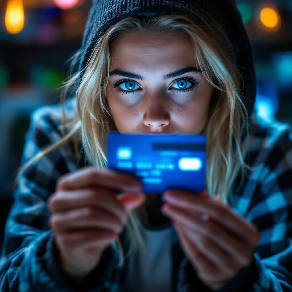 AI generated: A young, blonde, blue eyed hacker enters credit card details while holding it on an online shopping ...