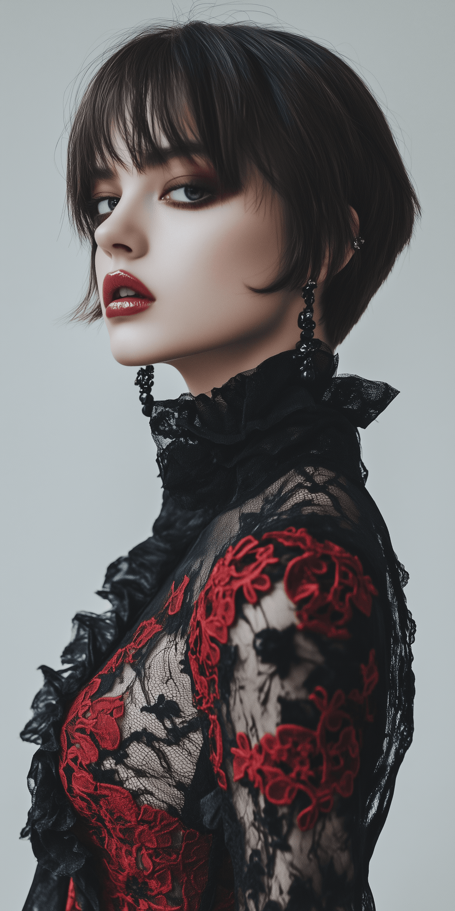 AI generated: Minimalistic portrait of a beautiful vampire-inspired girl with short hair, wearing a red and black ...