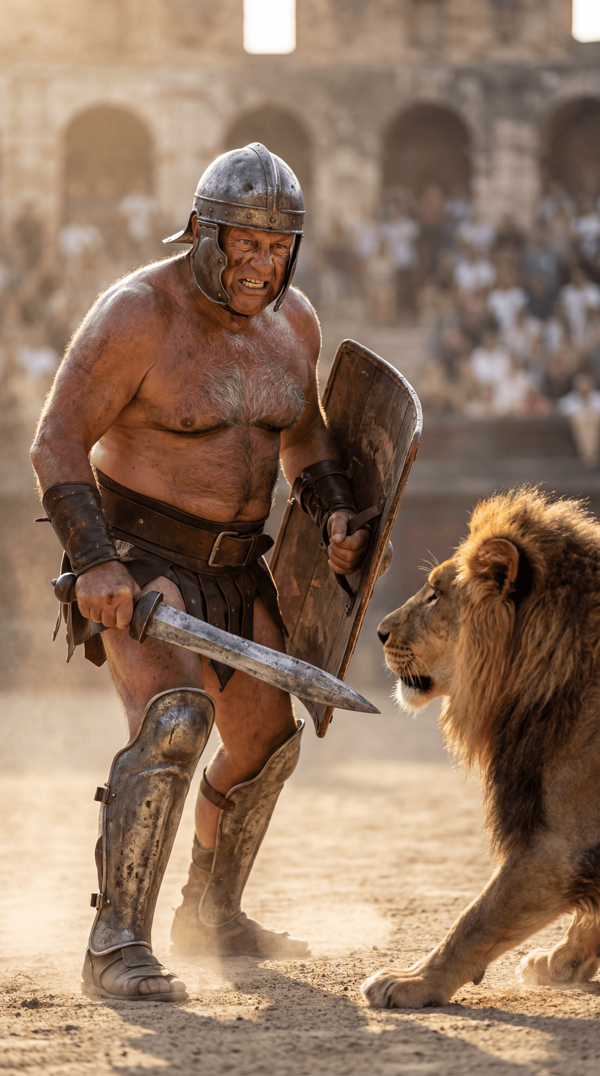 AI generated: Ultra-realistic documentary-style action photography inside the Roman Colosseum, bathed in warm gold...