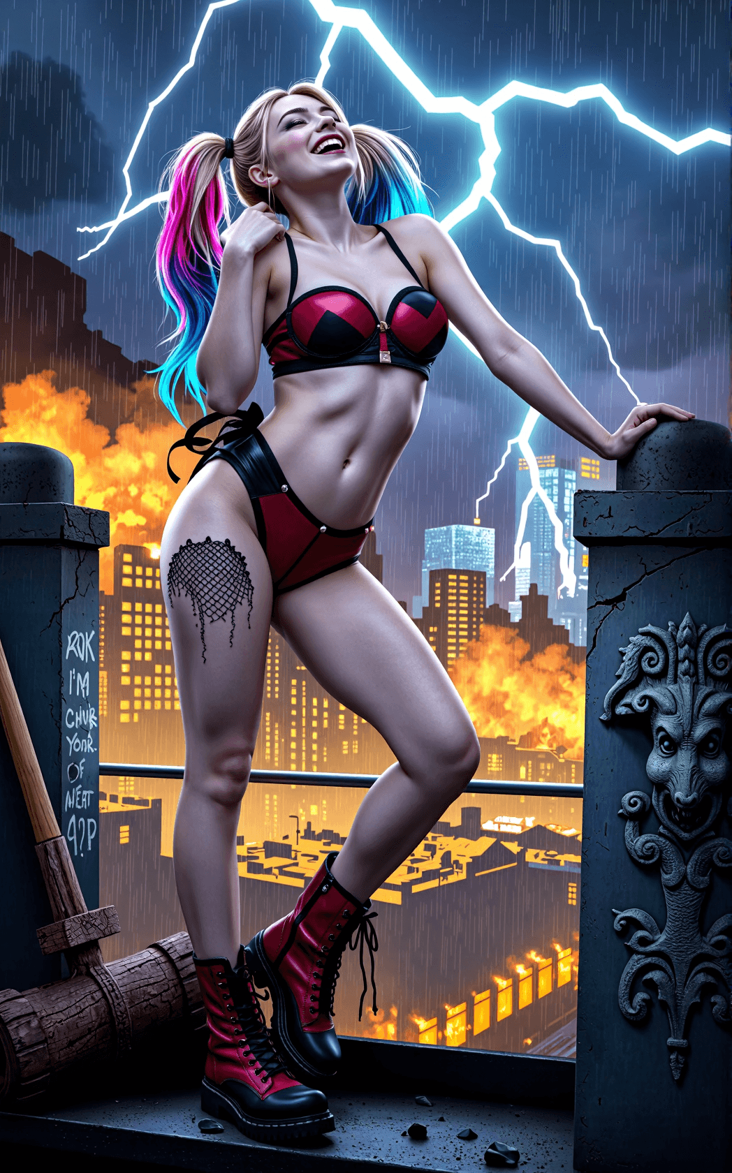 AI generated: Harley Quinn stands on the edge of a crumbling Arkham rooftop, her wild two-toned pigtails—one dippe...
