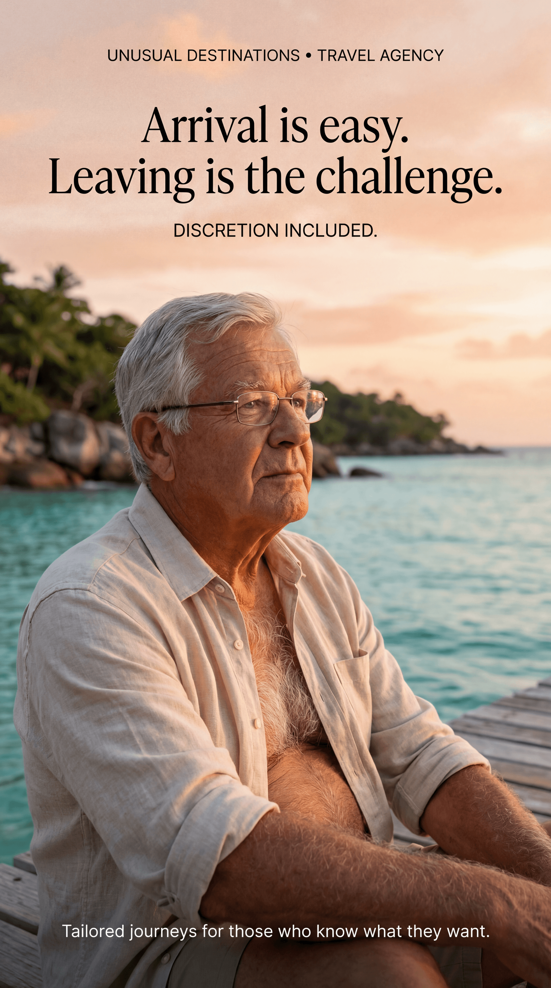AI generated: ULTRA-REALISTIC PREMIUM TRAVEL AGENCY AD (vertical poster, 9:16).
High-end editorial lifestyle photo...