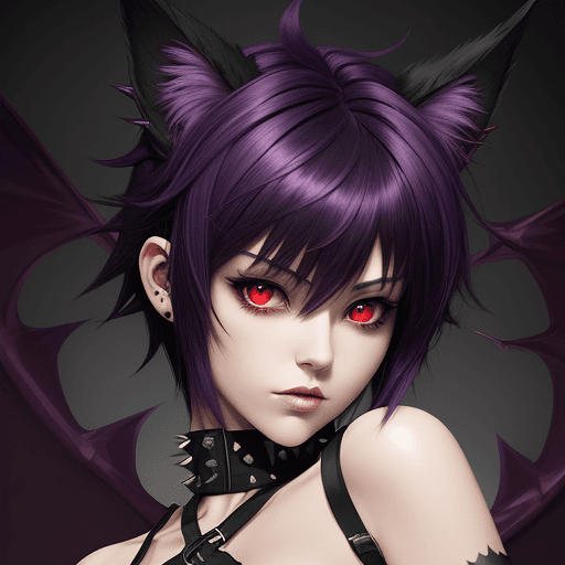 AI generated: women with short spiky dark purple hair with bangs, bat animal ears and red eyes in ryukishi07 artst...