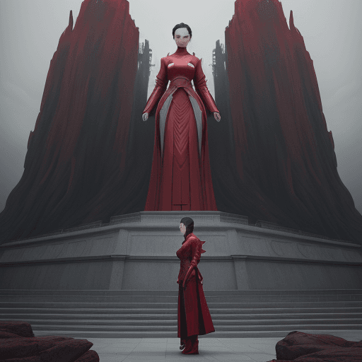 AI generated: the woman stands in front of a giant statue, in the style of cinematic sets, fenghua zhong, alessio ...