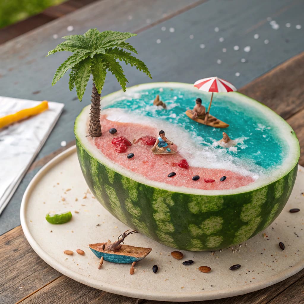 AI generated: Generate an image of a halved watermelon takes center stage, ingeniously carved on the inside to res...