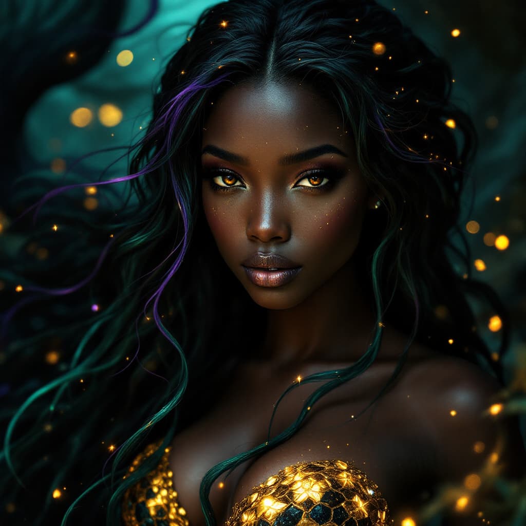 AI generated: A stunning African American mermaid with rich, glowing ebony skin adorned with glimmers of gold. Her...