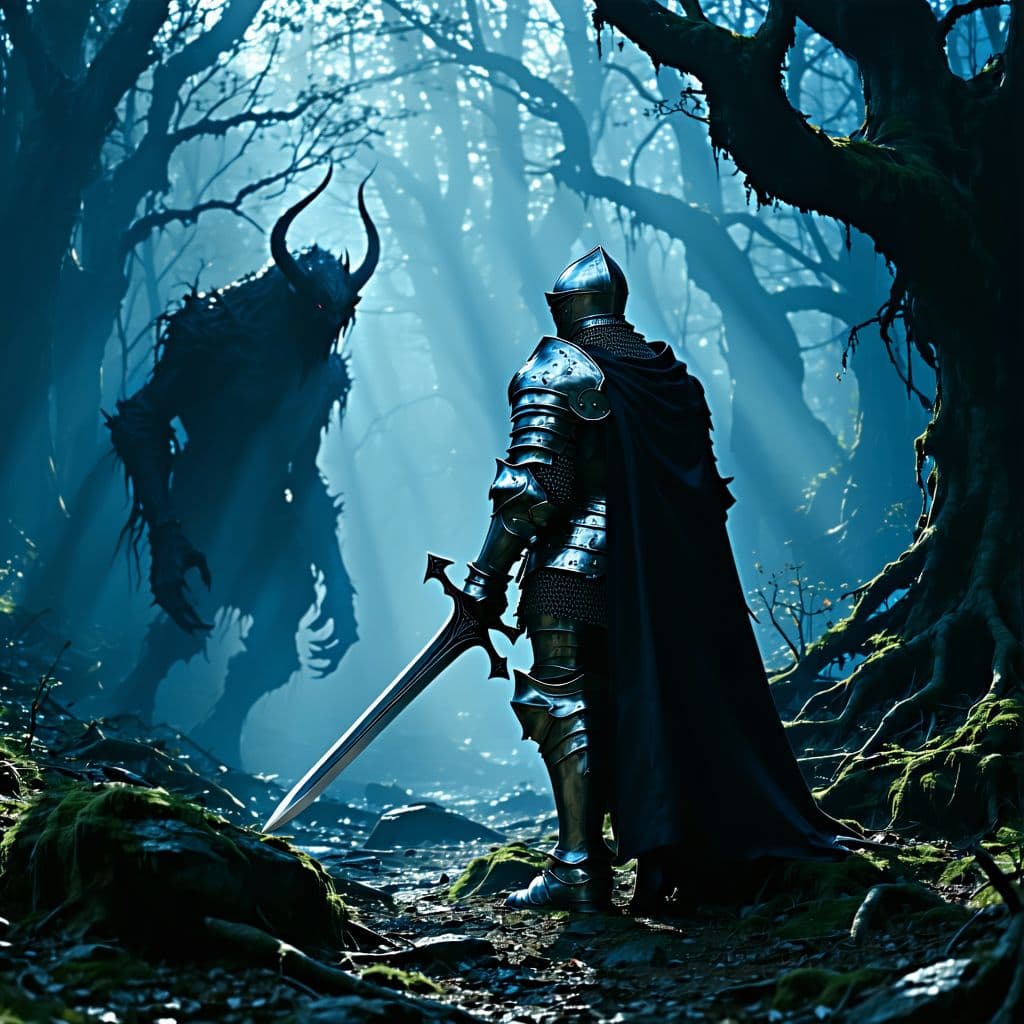 AI generated: A knight in shining armor, clad in full plate mail, stands defiant in a shadowy landscape. His sword...