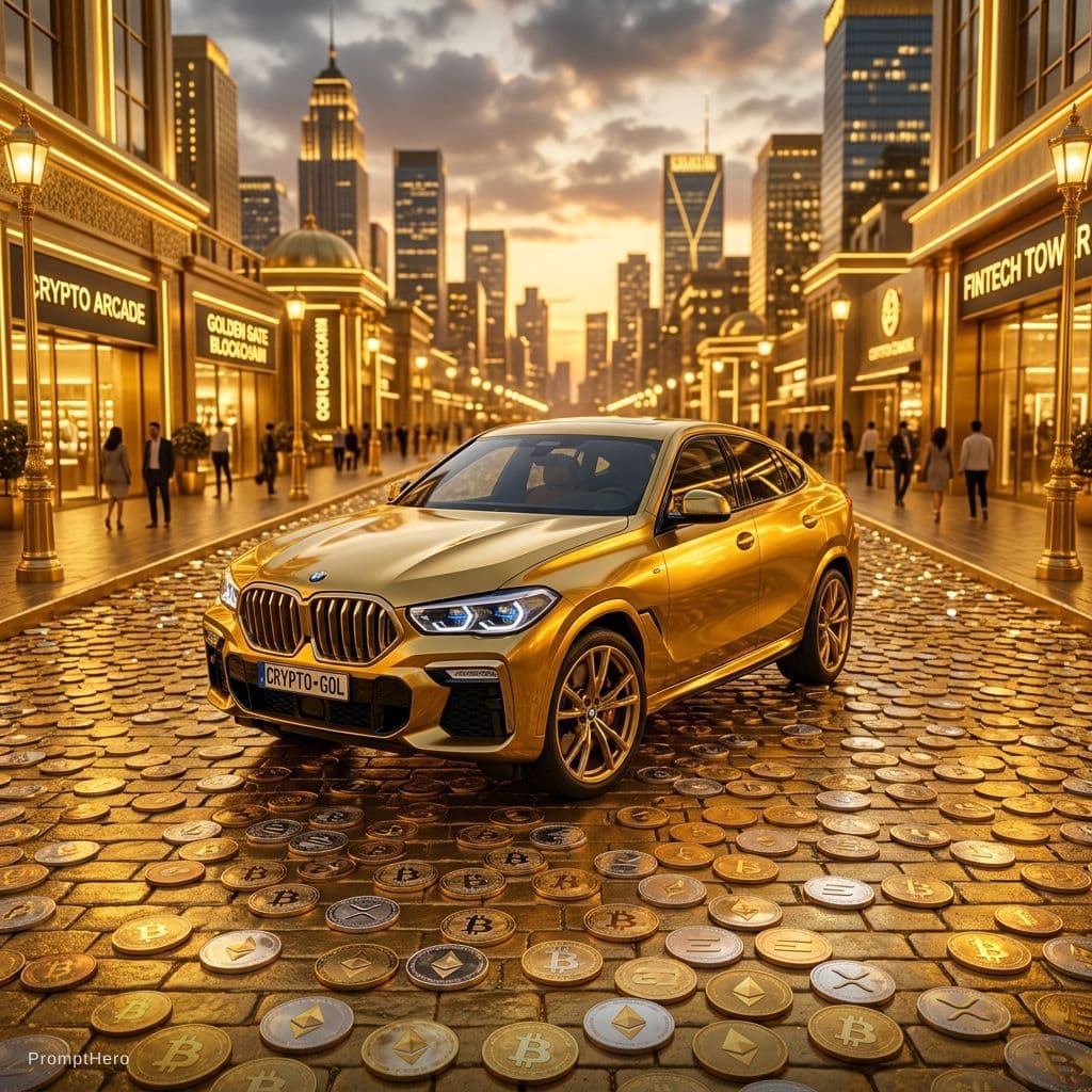 AI generated: carro BMW X6 en color oro, la calle es en color oro y hay muchas monedas de bitcoin, Ethereum, XRP