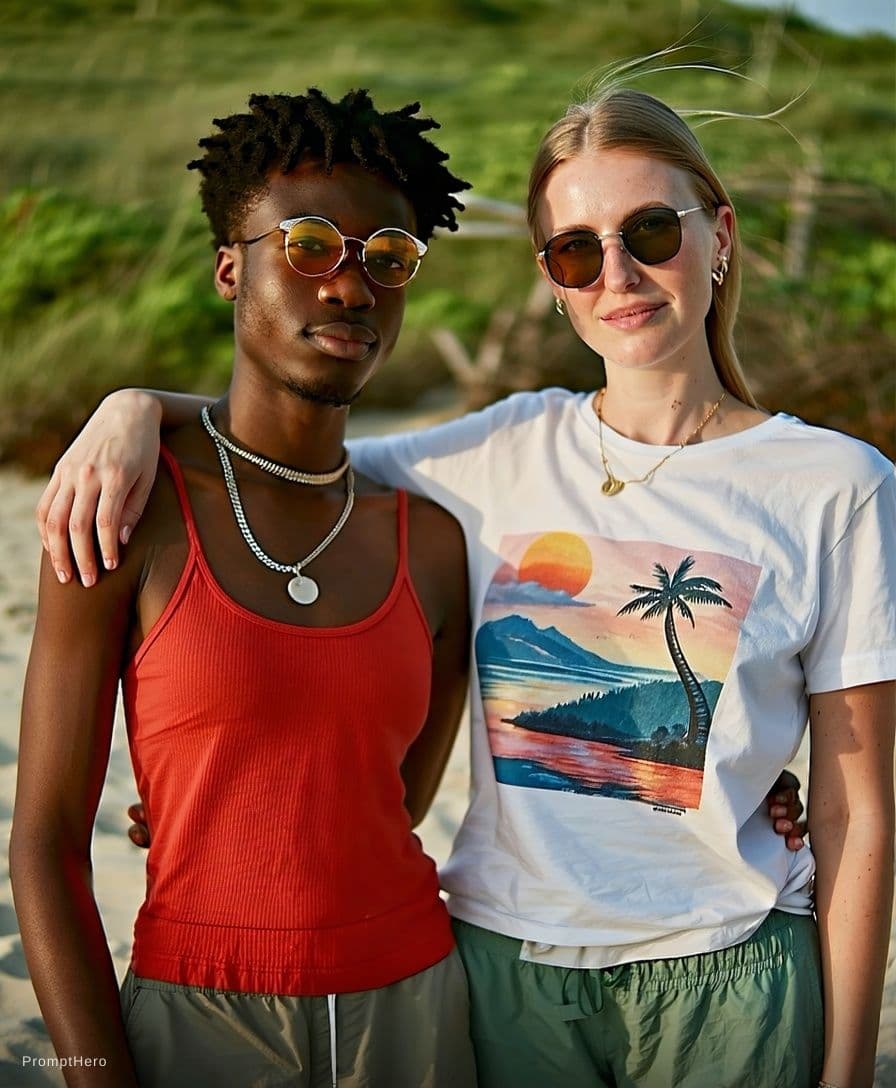 AI generated: a  white woman with her black bf. scanty clothing. on a beach in bikini