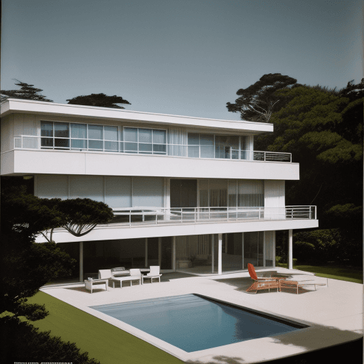 AI generated: Hyper realistic eye level exterior photo of a mid century modern style house overlooking the ocean, ...