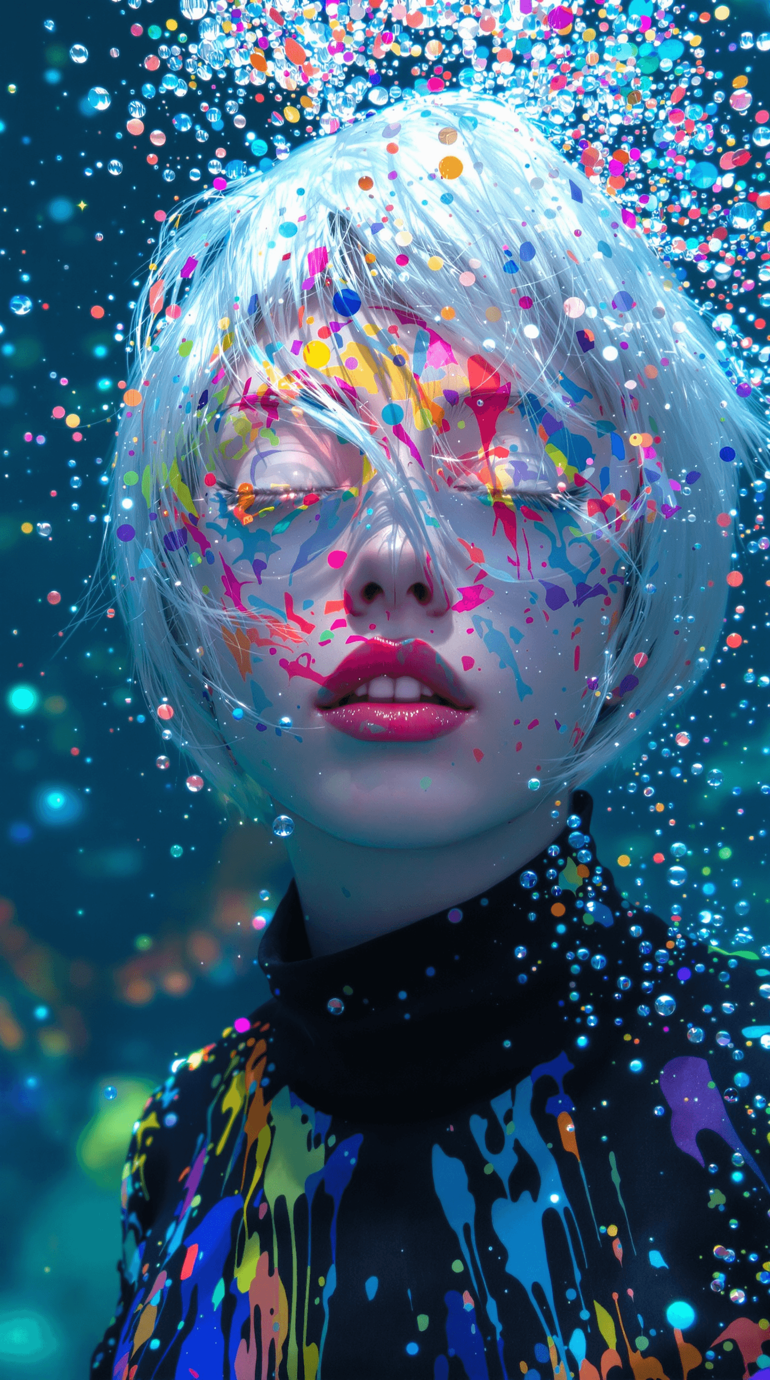 AI generated: woman,  white eyes, salaryman, 
elsa frozen, white hair,
cyberpunk, close up shot, colorful, 
[(c...