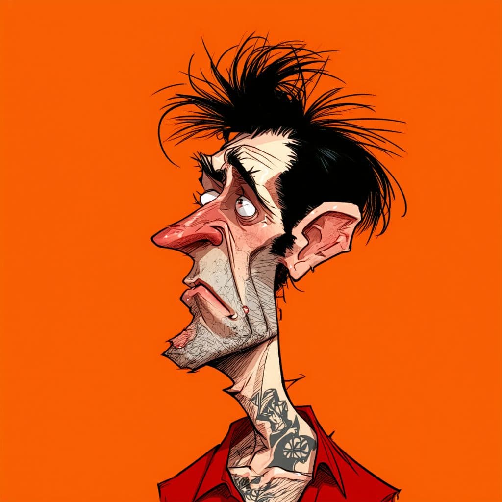 AI generated: A caricature of a man with exaggerated features is set against a vibrant orange backdrop. His skin i...
