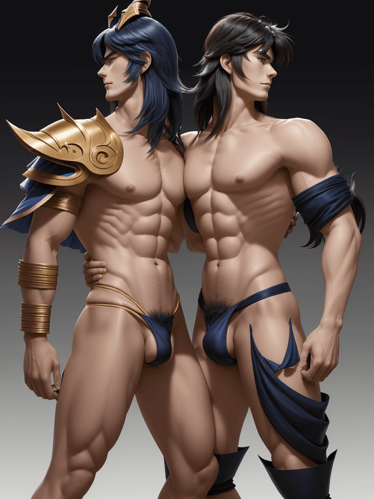 AI generated: profile view, (Shiryu) and (Ikki) from Knights of the Zodiac, leg embrace passionately, hairy caucas...
