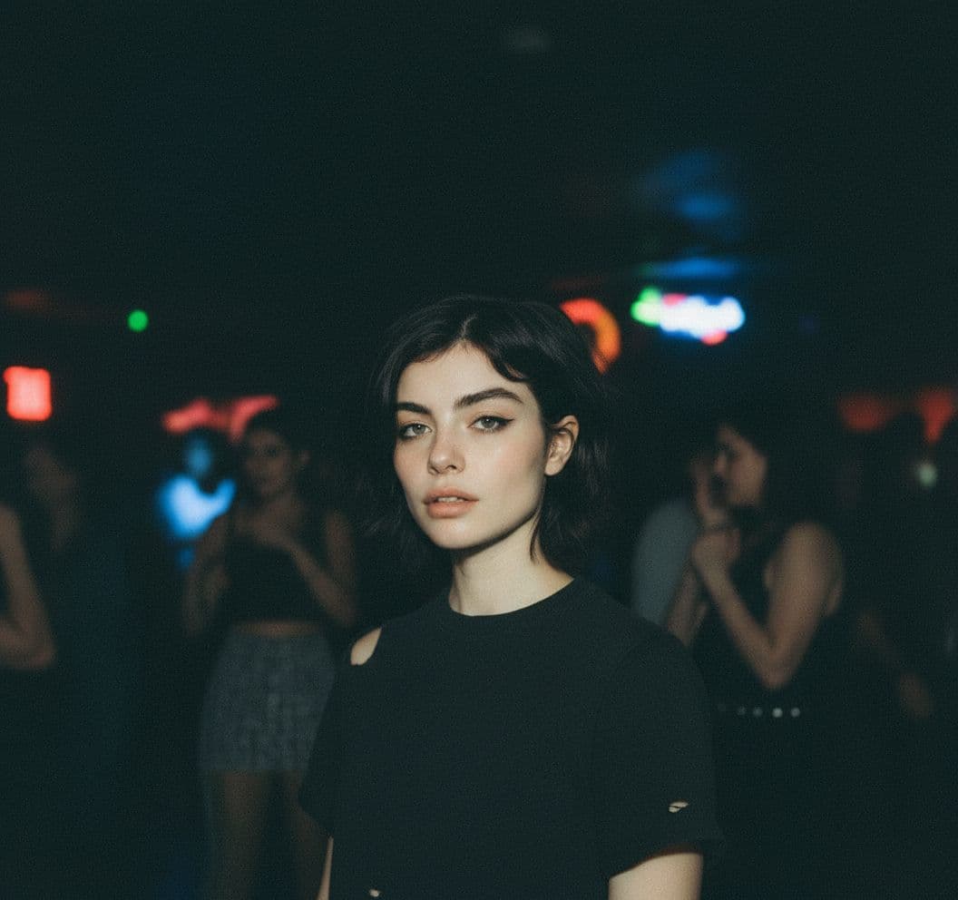 AI generated: Grainy disposable camera photo in a club in her streetware outfit remove her accessories and add a b...