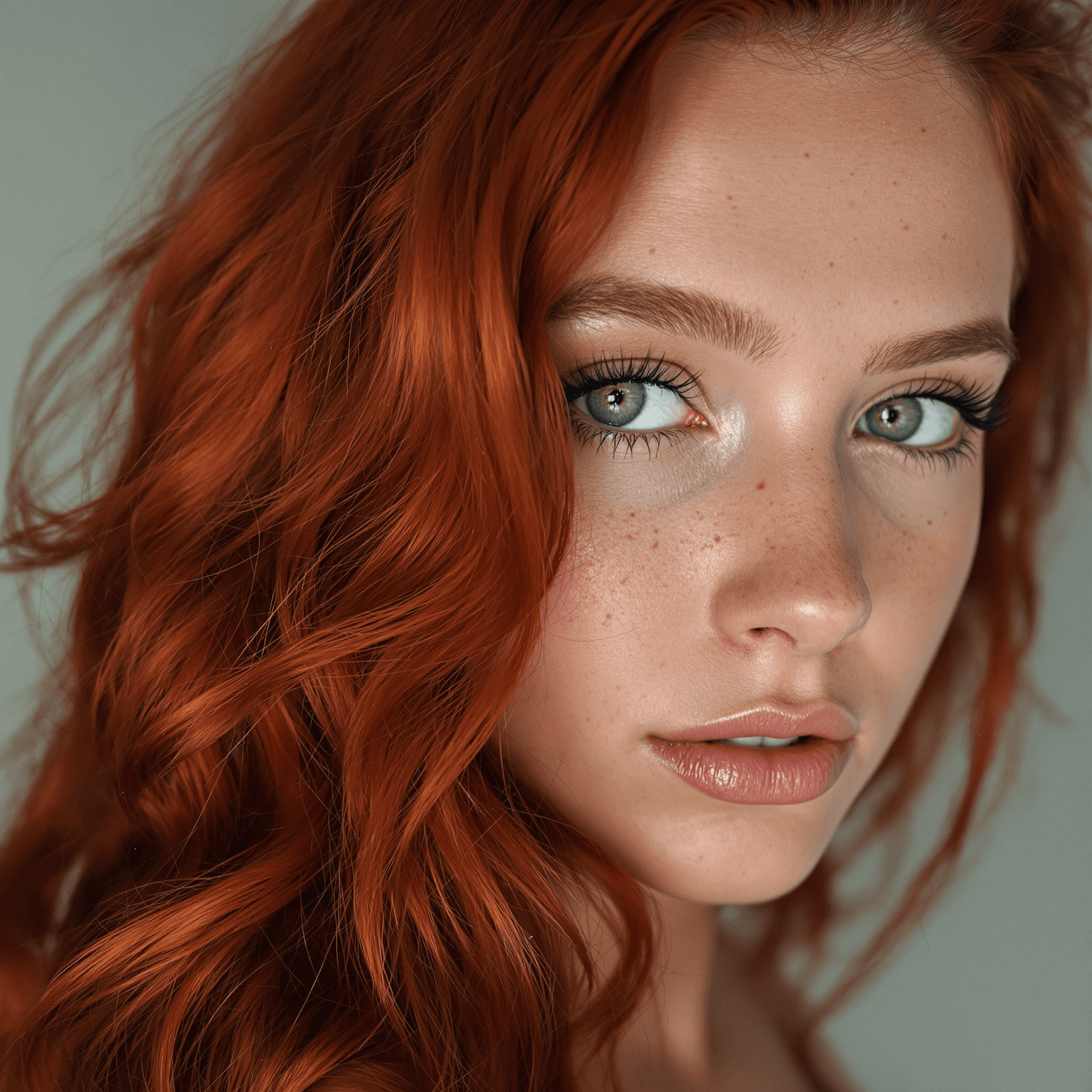 AI generated: Close-up portrait of a 21 years old woman with green eyes, light freckles, and long wavy intense red...