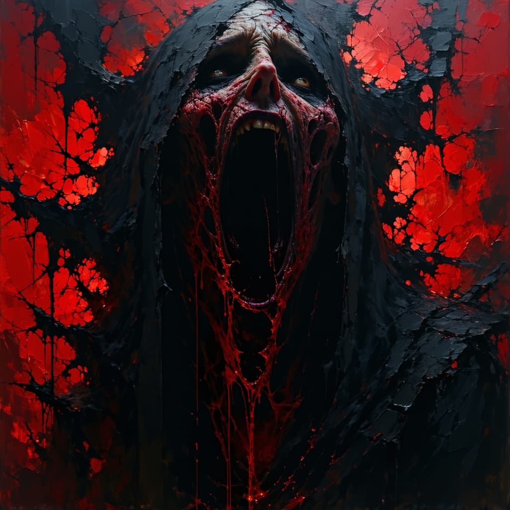 AI generated: unholy, brutal composition, gloomy, intense dark tones, horror, stunning, masterpiece, dramatic, ver...