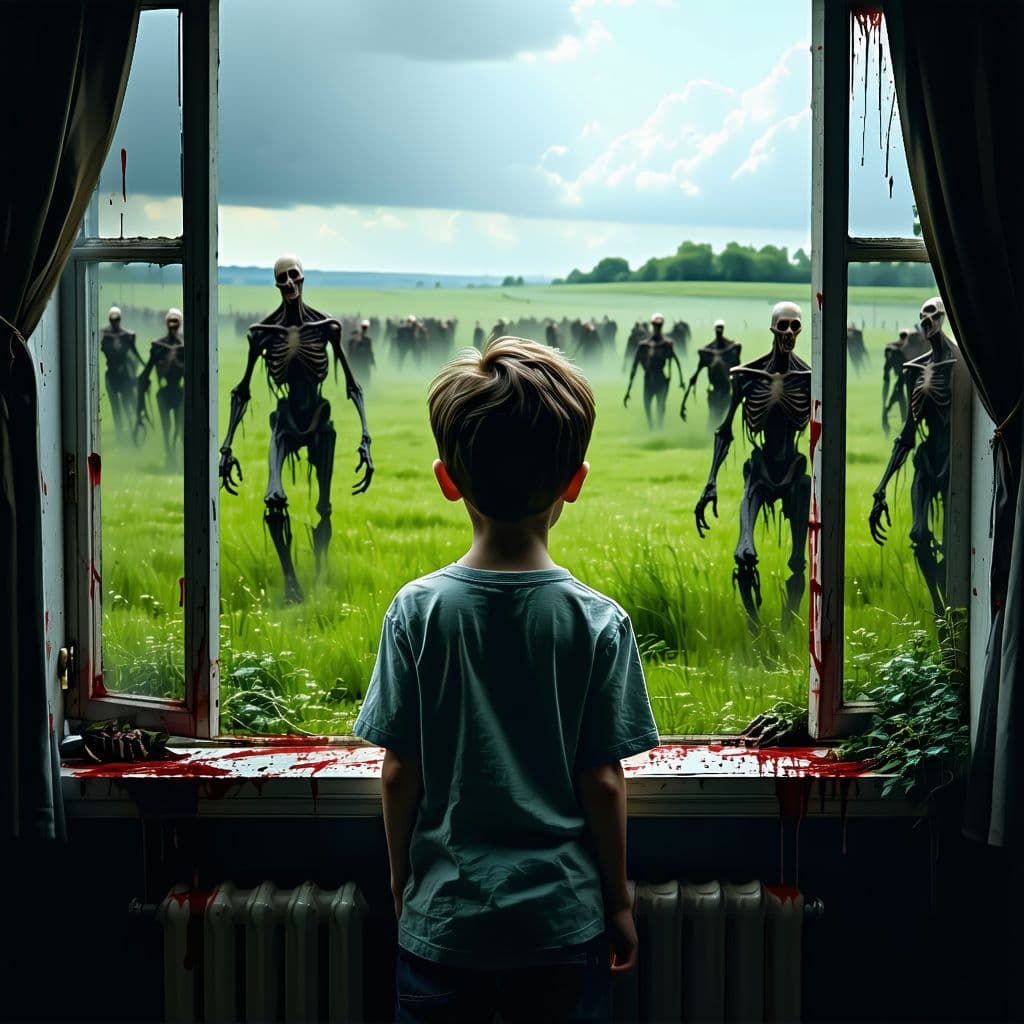 AI generated: A boy looking out a window upon a large grassy field with a horde of Terrifying anorexic zombies cov...