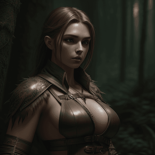 AI generated: Photo of a beautiful and seductive female hunter wearing leather and cloth attire, upper body, outdo...