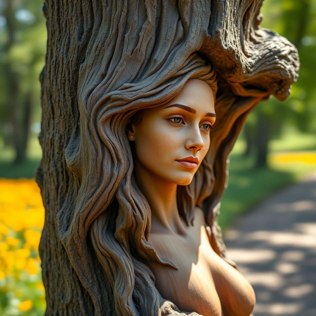 AI generated: a beautiful gorgeous woman, carved out of a tree, masterpiece, anatomically correct, award winning, ...