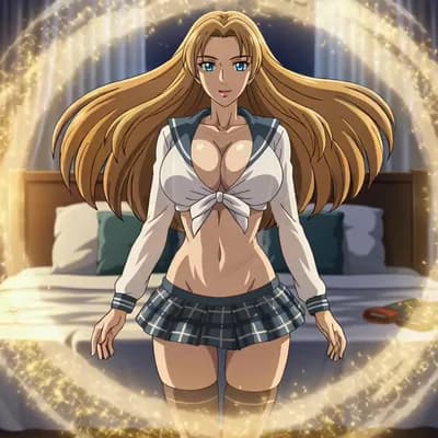 AI generated video: n a bedroom at night, an arab suddenly morphed and reshape into a bimbo gyaru woman with long golden...