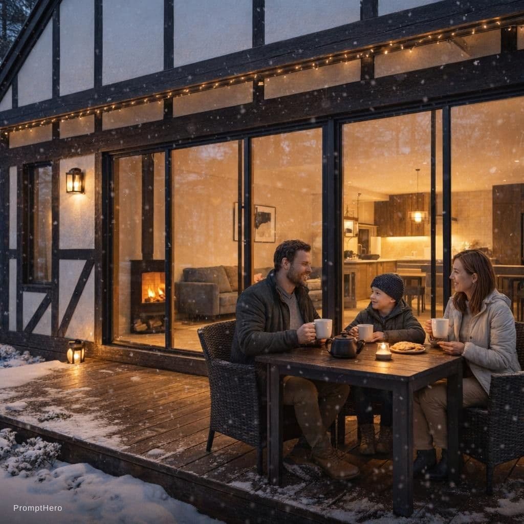 AI generated: Create a photo of a half-timbered house with panoramic windows. The house is dark gray, with a terra...