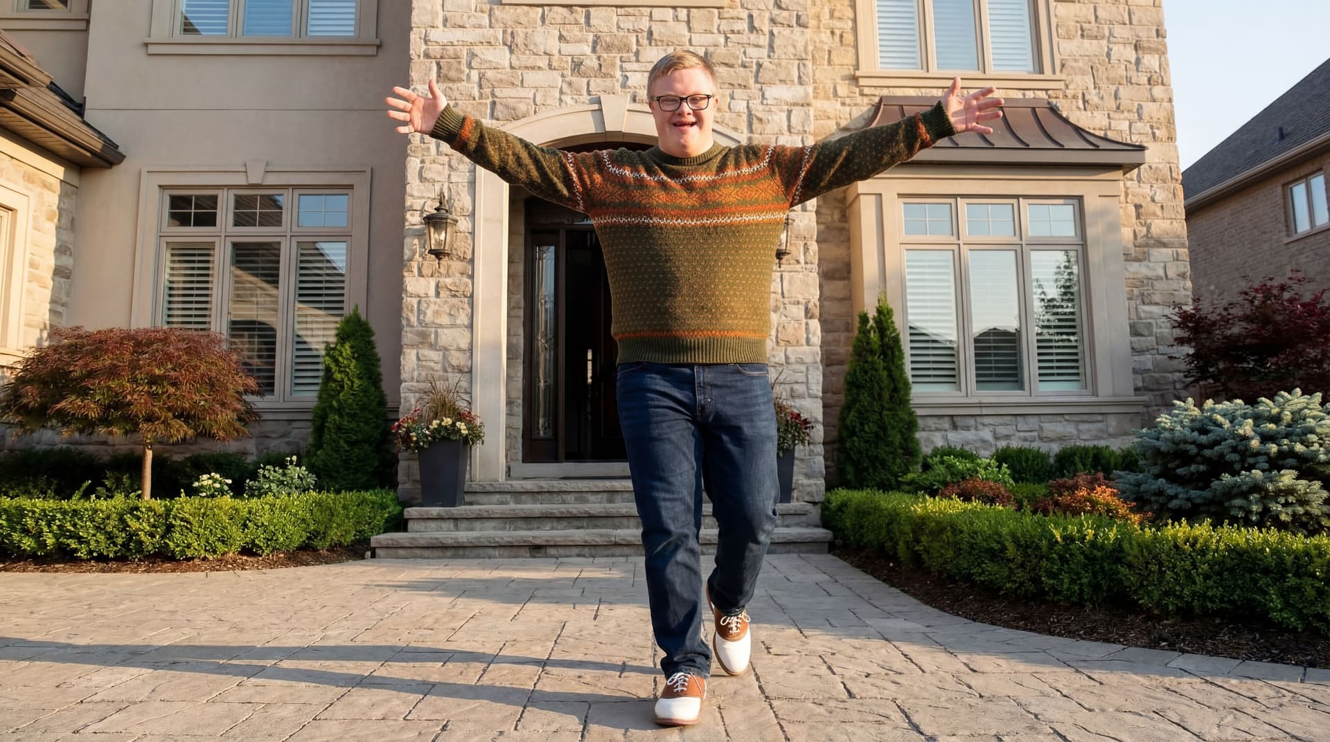 AI generated: At the front door of the house. The model is 18 years old. He wears reading glasses, a Autumn green ...