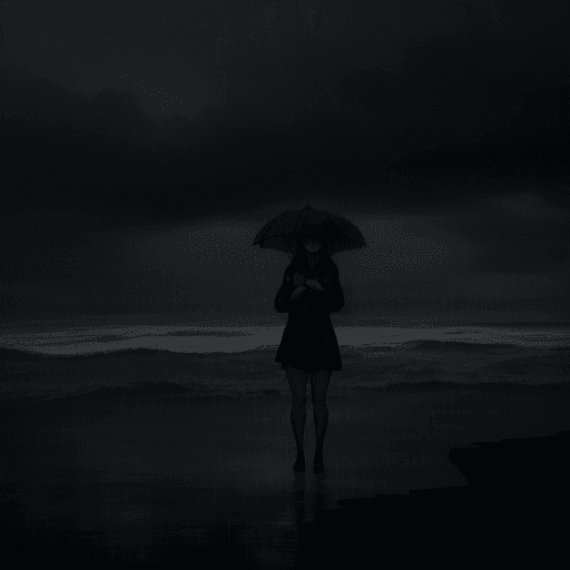 AI generated: In the midst of a heavy rainstorm on a dark, stormy night, a lone woman finds herself stranded in an...