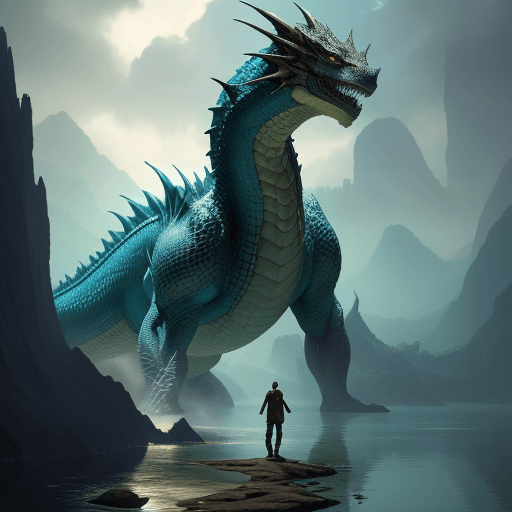 AI generated: a man is standing in the water next to a dragon, in the style of fantasy scenes, realistic detail, t...
