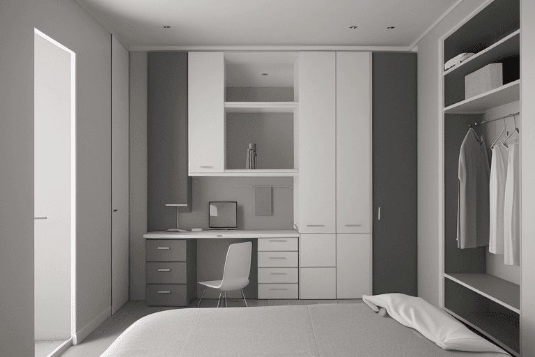 AI generated: Designing a gray and white themed bedroom for a young couple in a 3x3m² space with a double bed, wor...