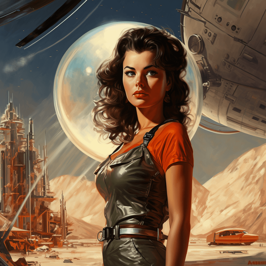 AI generated: Mid century modern space girl, Manhattan Project, sci-if, classic sci-fi, pulp sci-fi over, nuclear ...
