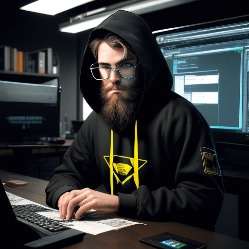 AI generated: hacker, darkroom, coder, computer, man, medium beard, cool, grunge, (typing), ultra-detailed and det...