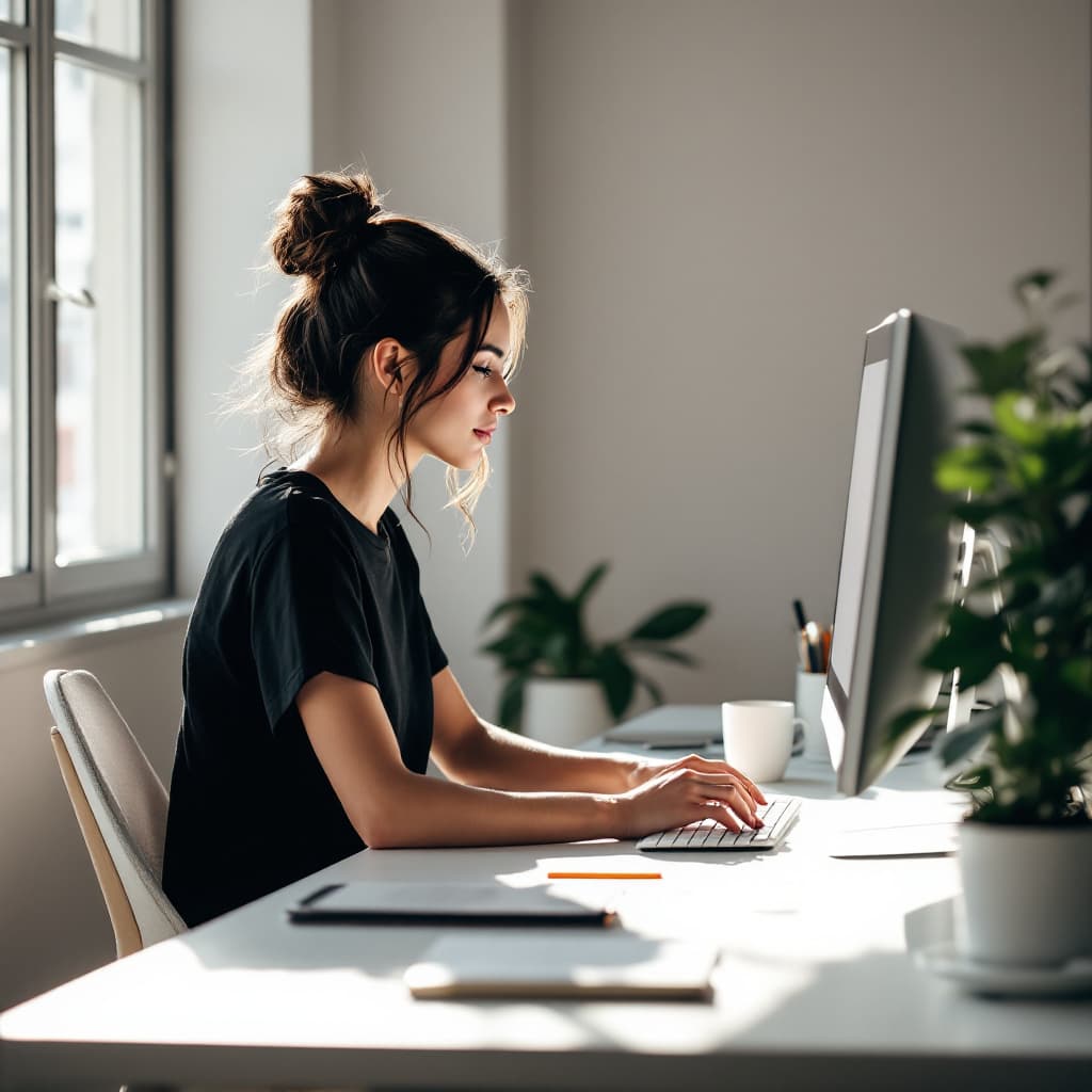 AI generated: minimalist workspace, focused designer woman at a white desk, high resolution photograph, used camer...