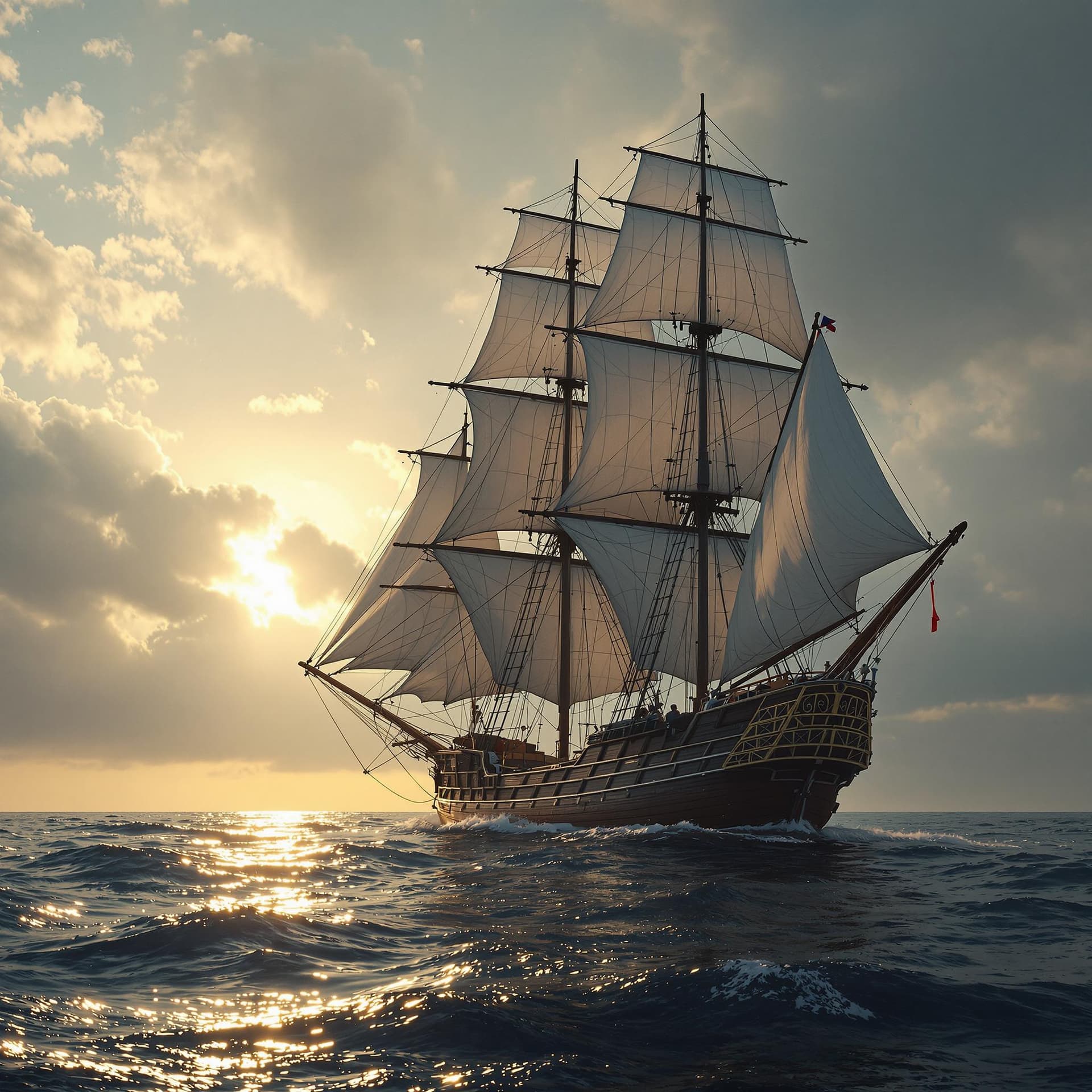 AI generated: Photo of a ultra realistic sailing ship, dramatic light, pale sunrise, cinematic lighting, battered,...