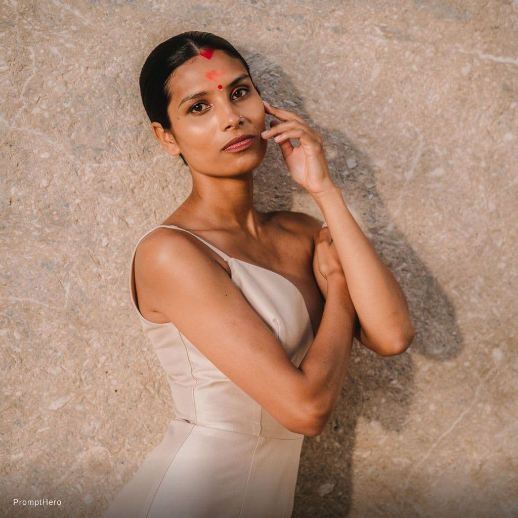 AI generated: A fit adult woman is leaning against a textured wall, her body angled slightly to the left as she re...