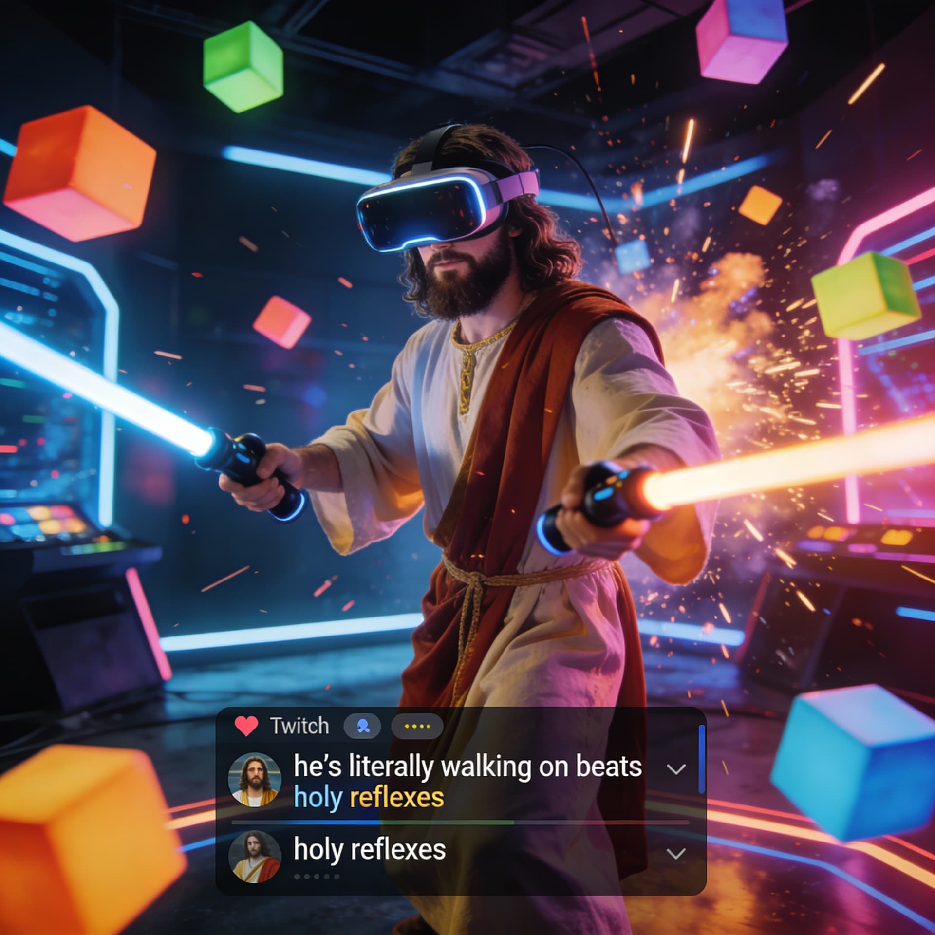 AI generated: Jesus immersed in VR gaming, wearing his robe, a high-tech VR headset, and motion controllers. He’s ...