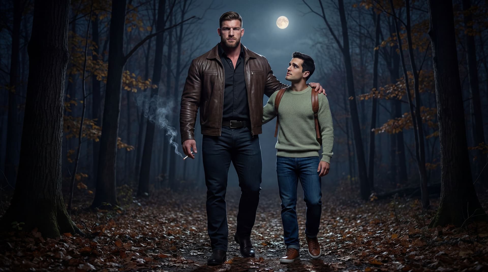 AI generated: On a Autumn night, at a wooden area full of trees. 

the models are wearing the same outfits and the...